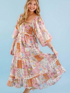 Altar'd State Pink & Orange Patchwork Maxi Dress